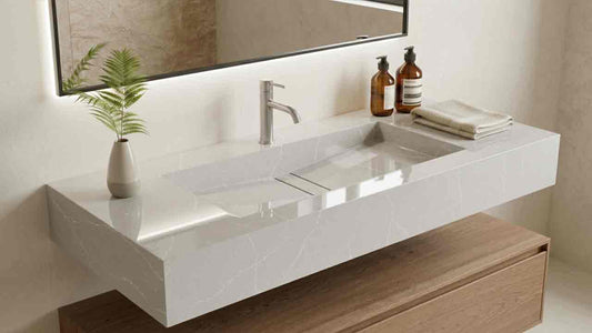 Design-Waschtisch Reflection aus Silestone mit Ablage nach Maß, antibakterielle Oberfläche, robust, in vielen Farben online konfigurieren.