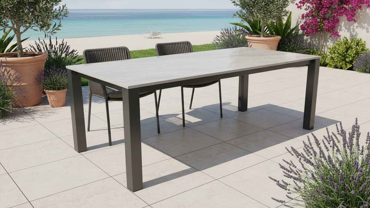 Wetterharter Gartentisch mit Tischplatte in Betonoptik. Tischgestell Farben und Größe nach wahl online konfigurieren