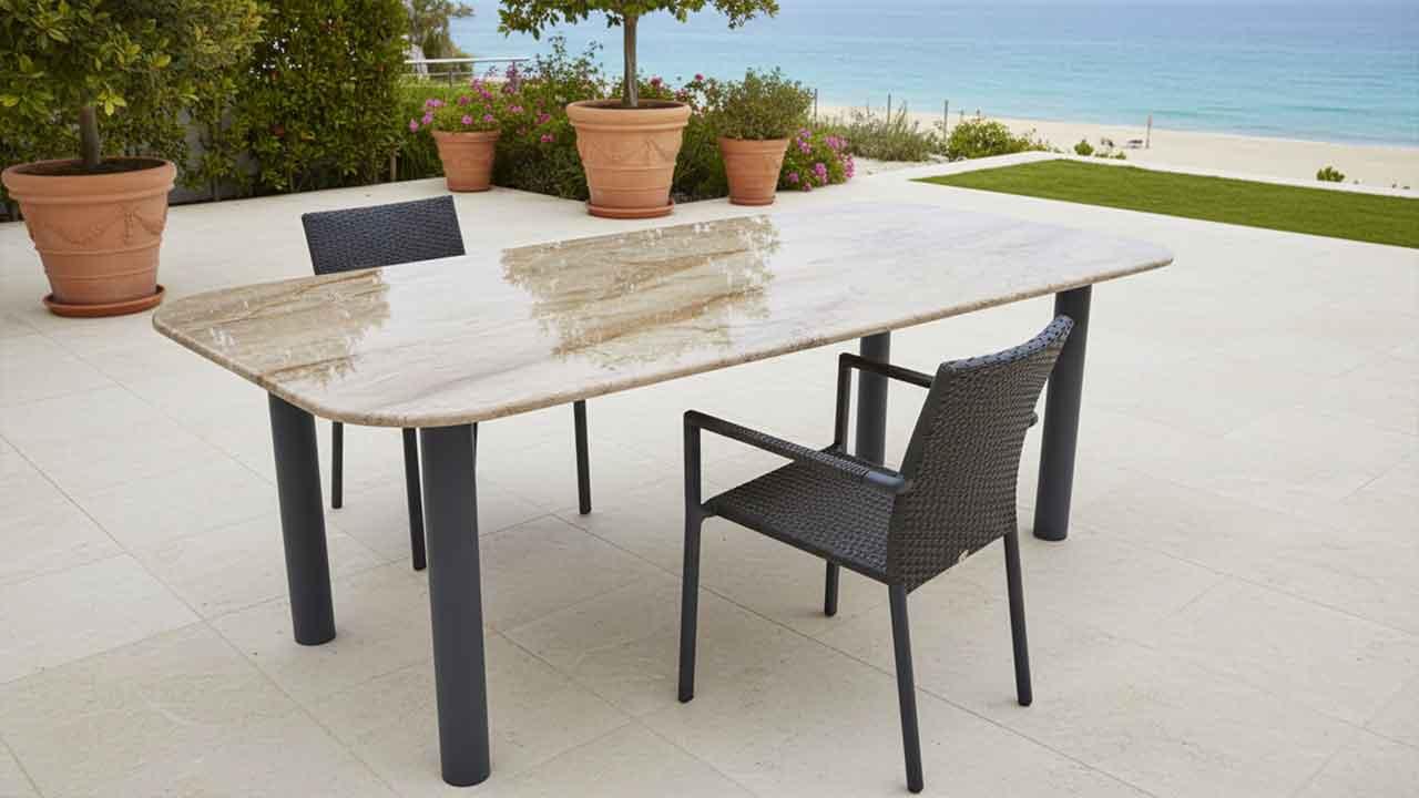 Gartentisch wetterfest mit brauner Steinplatte mit Quarzbänderung und abgerundeen Ecken Tischgestell Anthrazit online konfigurierbar