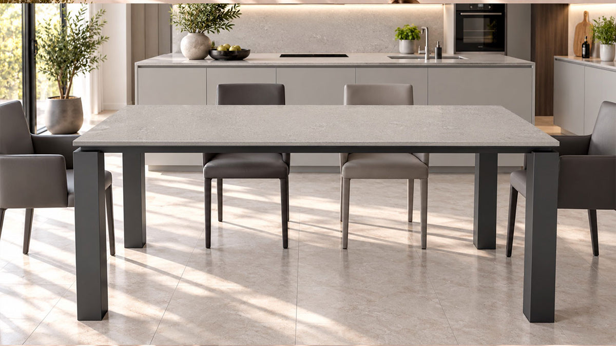 Design-Esstisch MANEA mit Silestone Motion Grey für 4 bis 12 Personen und Tischgestell in Wunschfarbe, individuell online konfigurieren