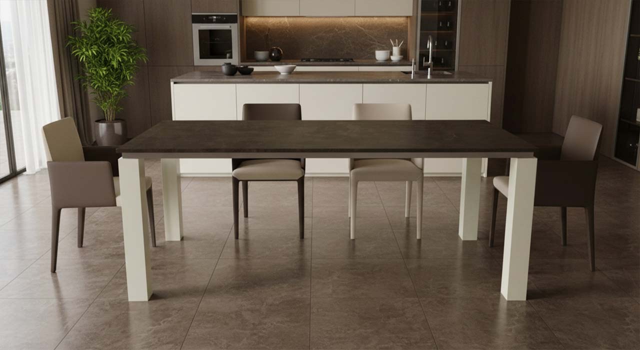 Esstisch Manea gestell creme weis mit brauner Keramik Tischplatte - Preise online