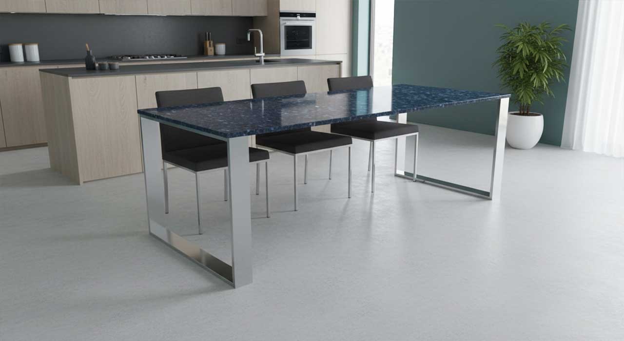 Esstisch Pura Edelstahl mit Granit blue Pearl nach mass online konfigurieren