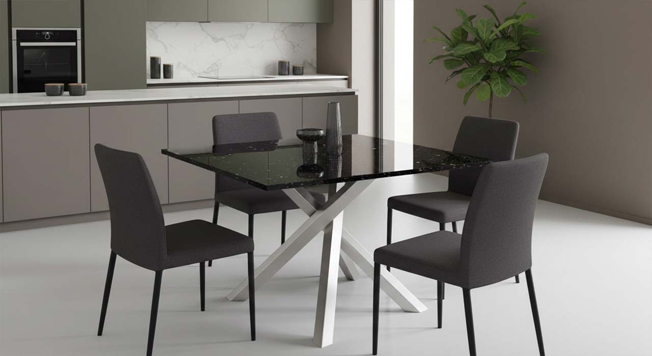 Esstisch Quadro mit schwarzer Steinplatte Star Galaxy . Tischgestell Edelstahl vom Fachmann mit über 20 Jahren Erfafahrung online konfigurieren