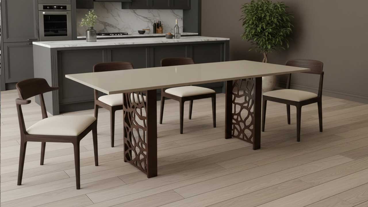 Esstisch Sirius im Landhausstil mit braunem Tischgestell und cremefarbener Keramik Tischplatte