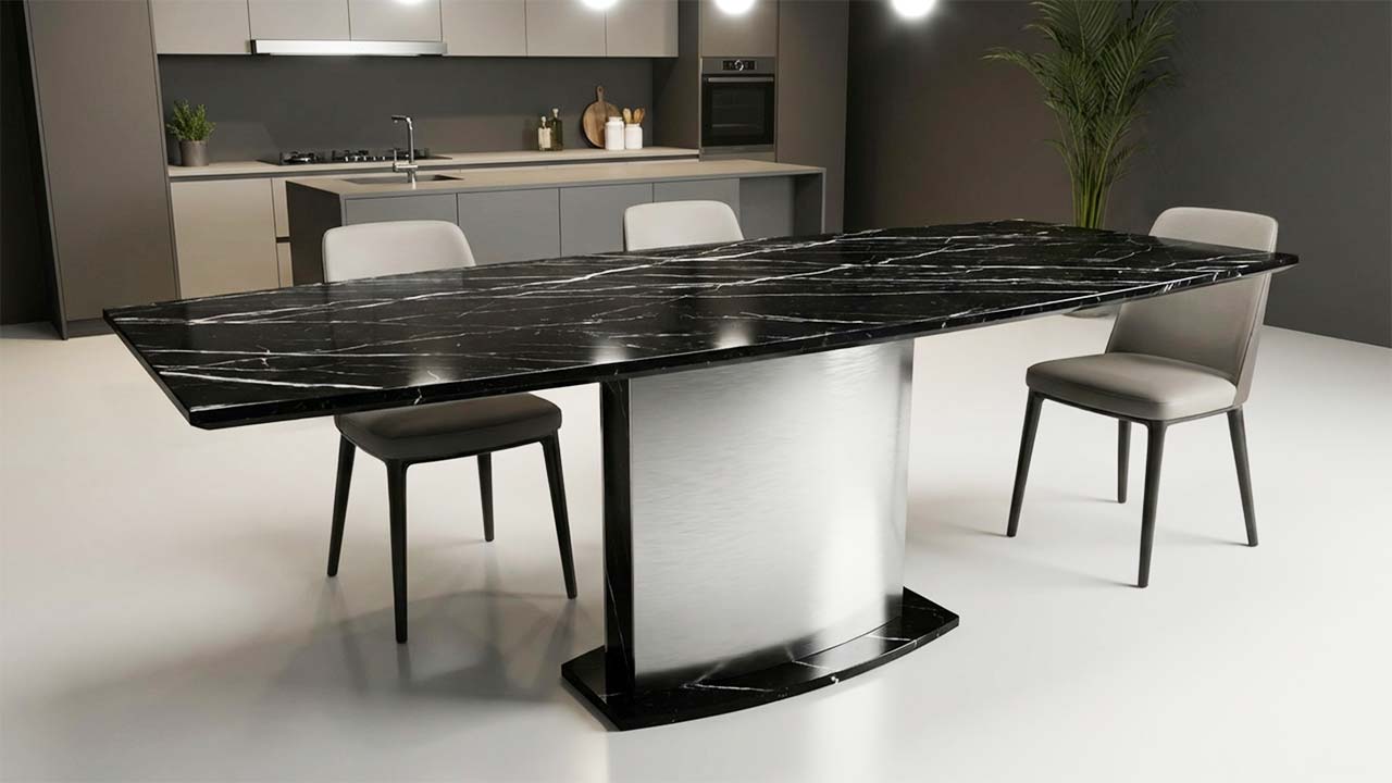 Esstisch in Bootsform Terra mit schwarzer Granitplatte mit weisen adern online konfgurieren