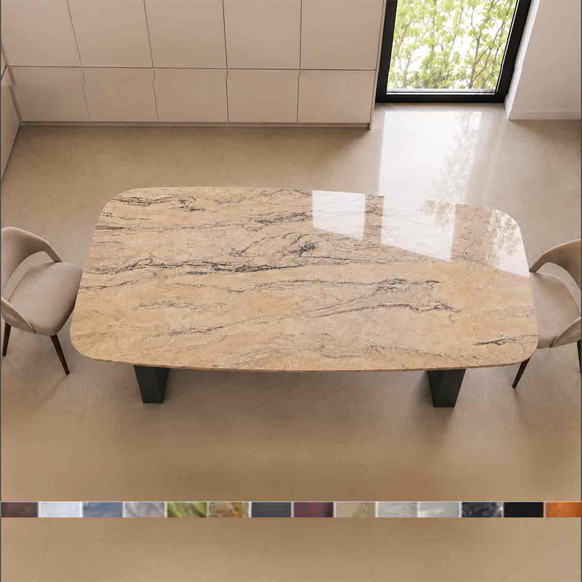 Esstisch BVela in geschwungener Kontur mit beige brauner Steinplatte Granit Prada Gold online konfigurieren