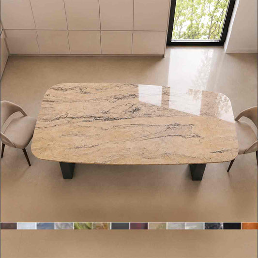 Esstisch BVela in geschwungener Kontur mit beige brauner Steinplatte Granit Prada Gold online konfigurieren