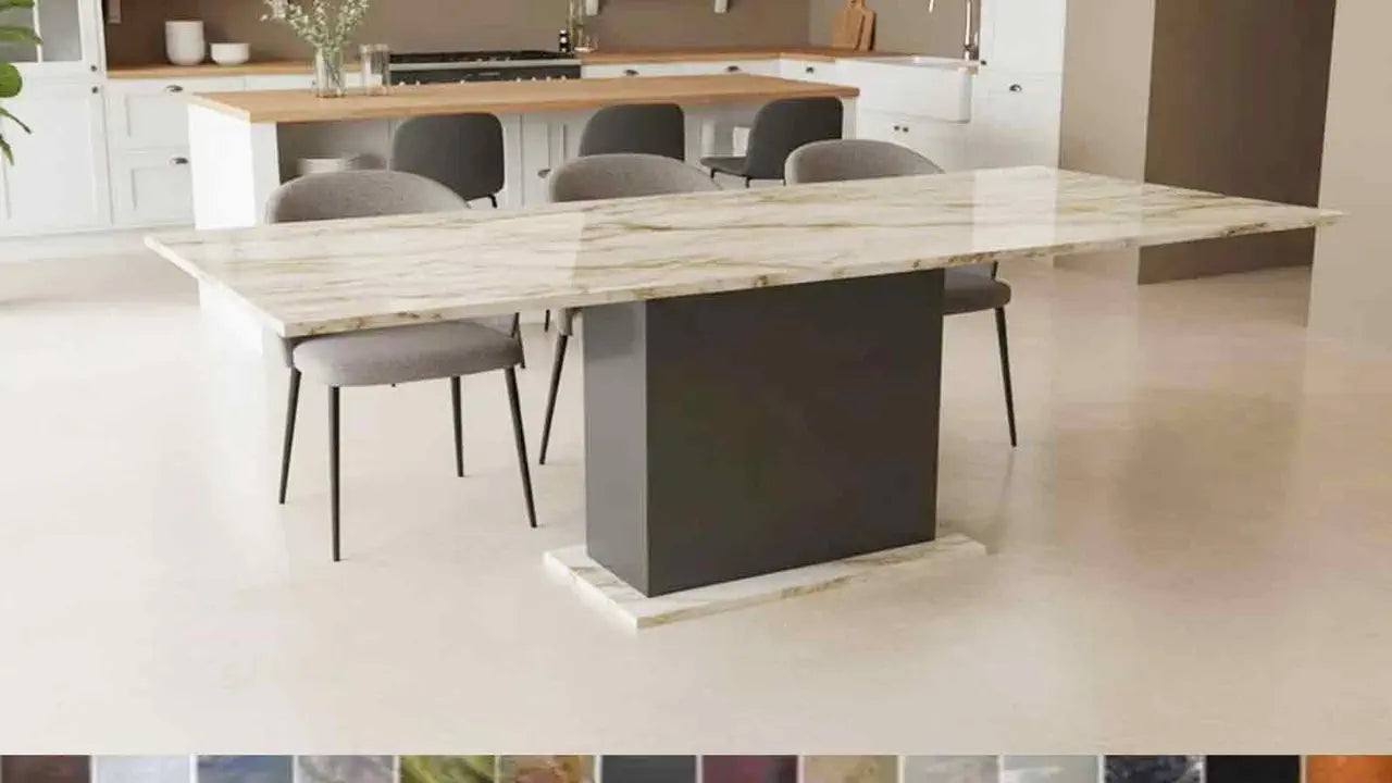 Esstisch Kitts mit Säulenfuß: Handgefertigtes Naturstein-Design, individuell planbar in 40 exklusiven Materialien.