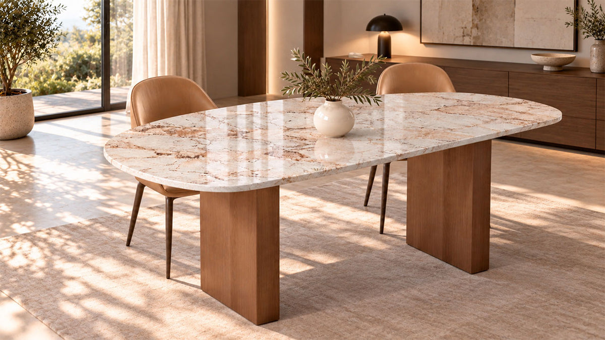 Esstisch VELA in organischer Form mit cremebeiger Steinplatte Ivory Cream und Sockel nach Wunsch in RAL-Farbe oder Holz