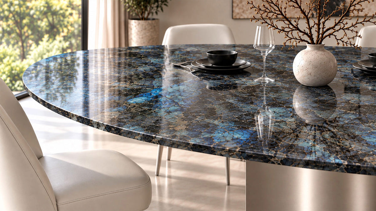Detailansicht der Tischplattenkante am ovalen Esstisch NOVALIS aus Labradorit Lemurian Granit mit schimmernder Natursteinstruktur. Individuell nach Maß konfigurierbar.