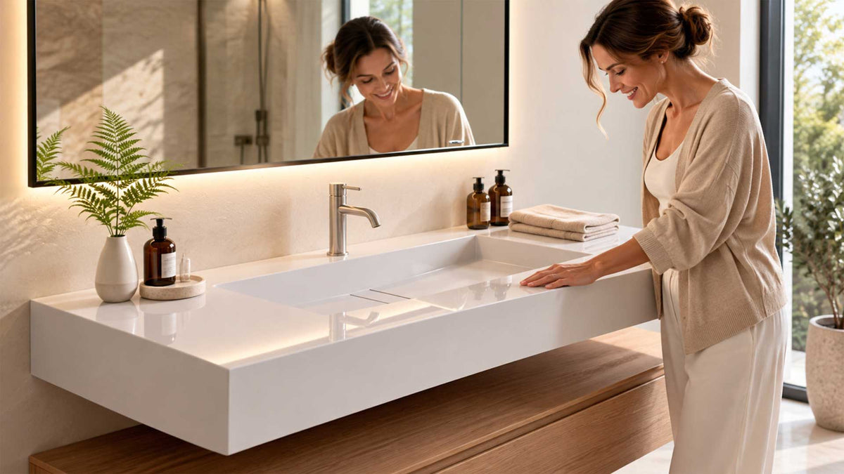 Exklusiver Waschtisch aus Keramik oder Silestone nach Maß mit integriertem Waschbecken, hochwertiger Oberfläche und modernem Design für individuelle Badezimm