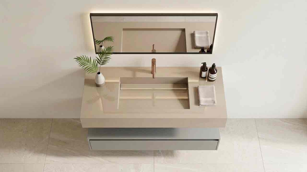 Wandhängender Design-Waschtisch Simplicity aus Dekton-Keramik Duna creme braun mit fugenlos integriertem Monobecken aus derselben Keramik. Maßanfertigung von 90 bis 250 cm, online konfigurieren, 25 Jahre Dekton-Garantie.