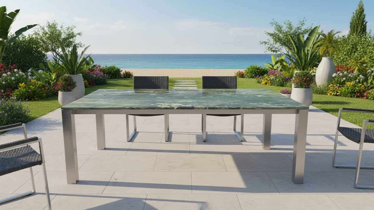 Gartentisch Caicos Edelstahlwetterfest mit Steinplatte Verde Dorato. online konfigurieren